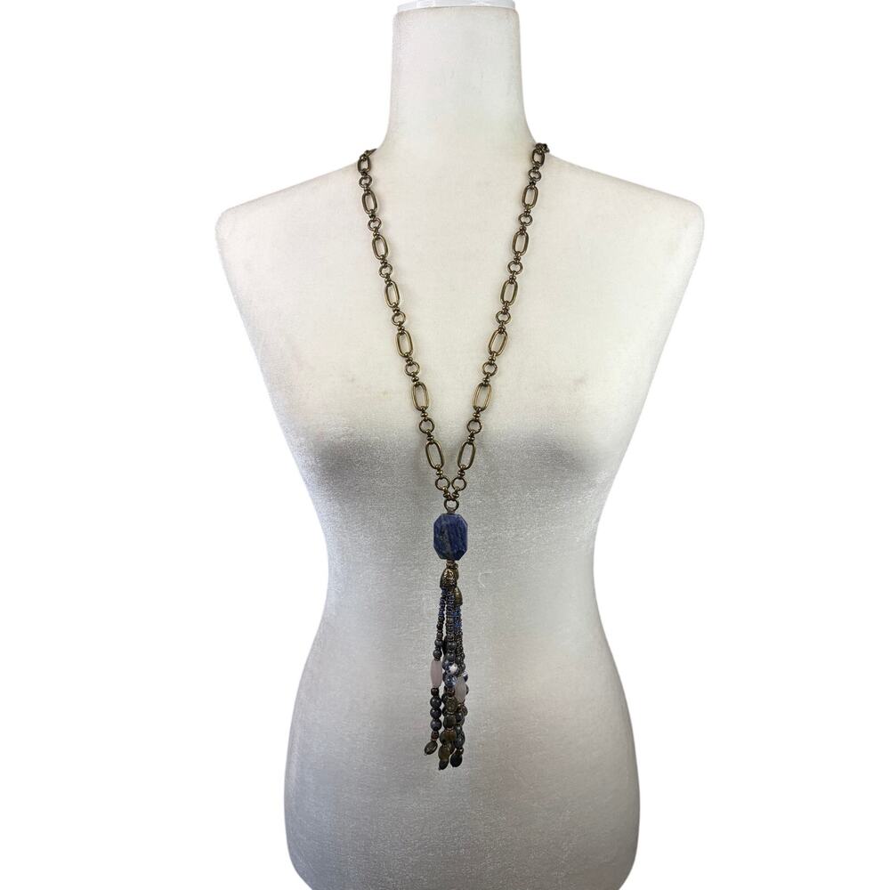 Chico's Tassel Statement Necklace Beaded Blue Natural Stone Quartz Antiqued Gold